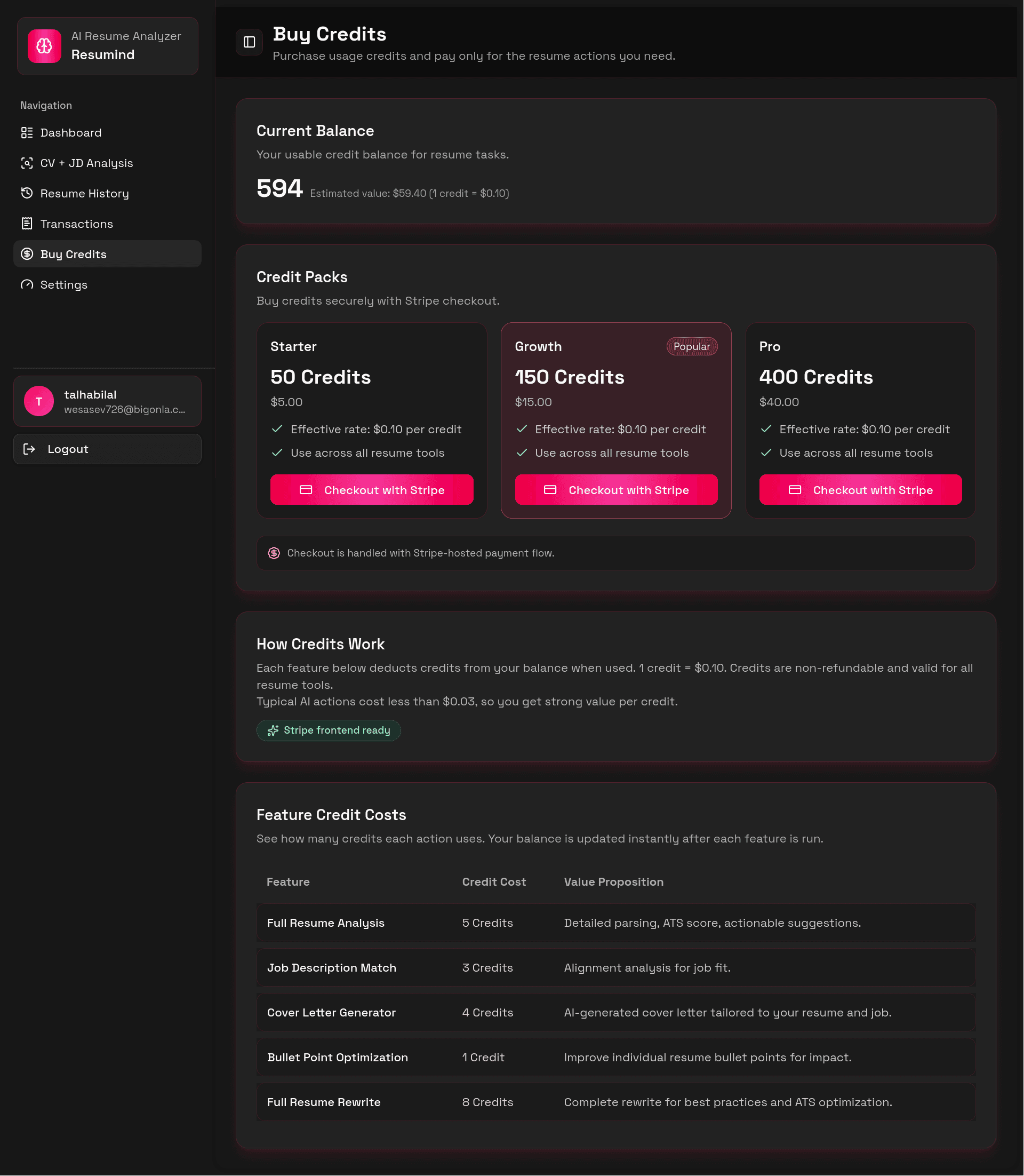 Resumind credit purchase page