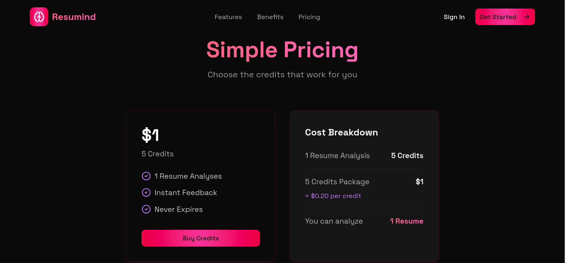 Resumind pricing section
