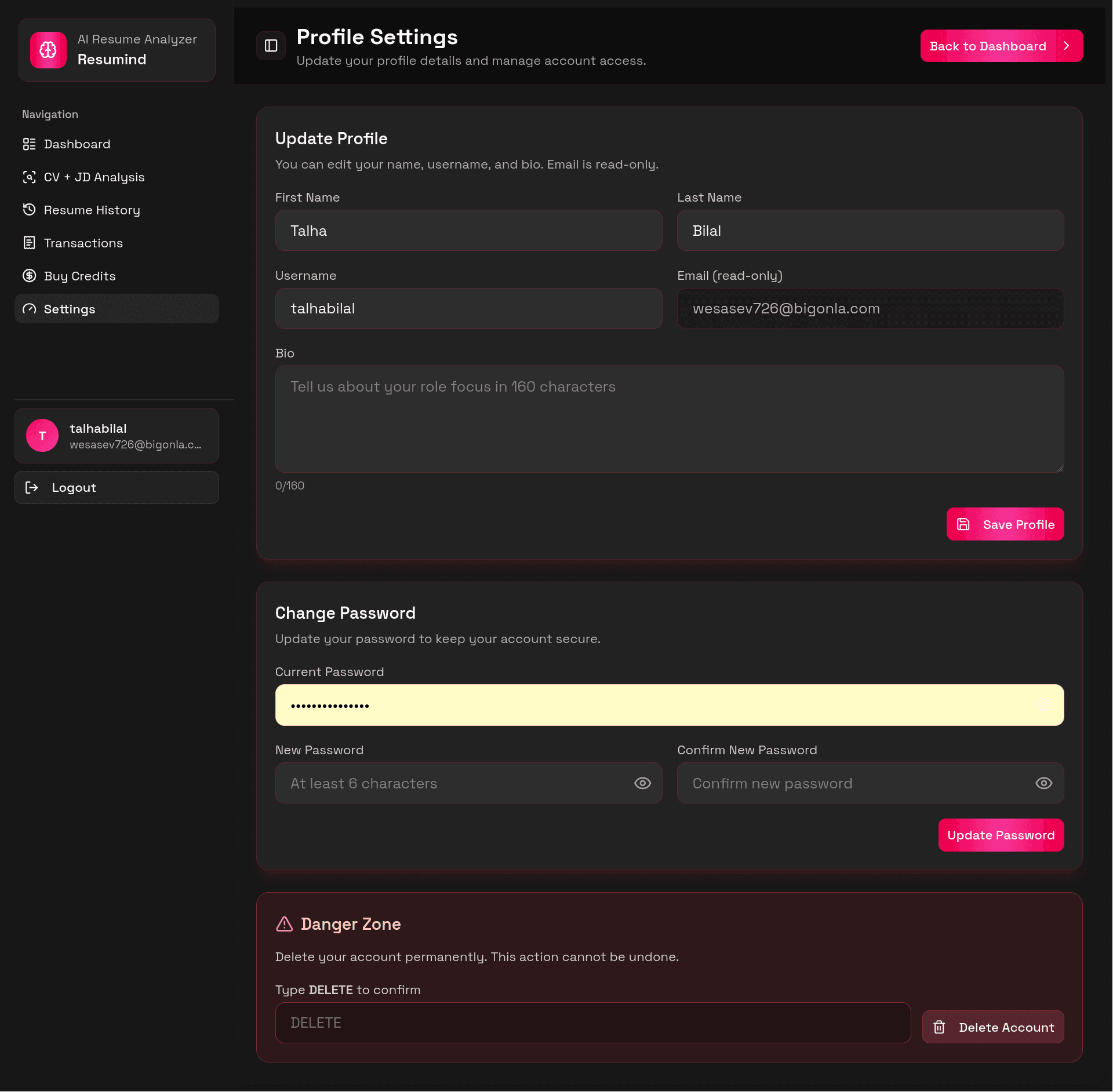 Resumind profile settings