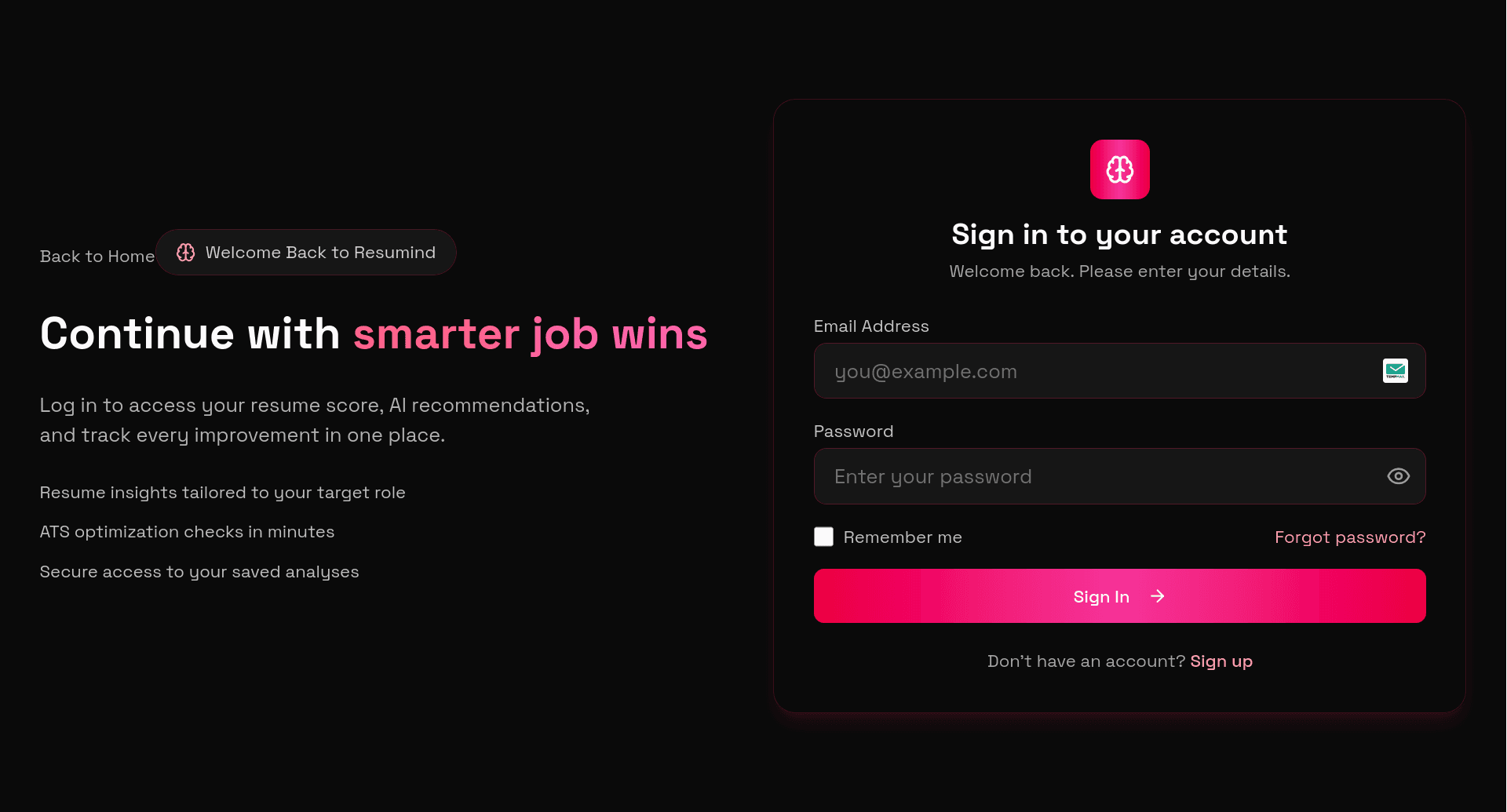 Resumind sign in page