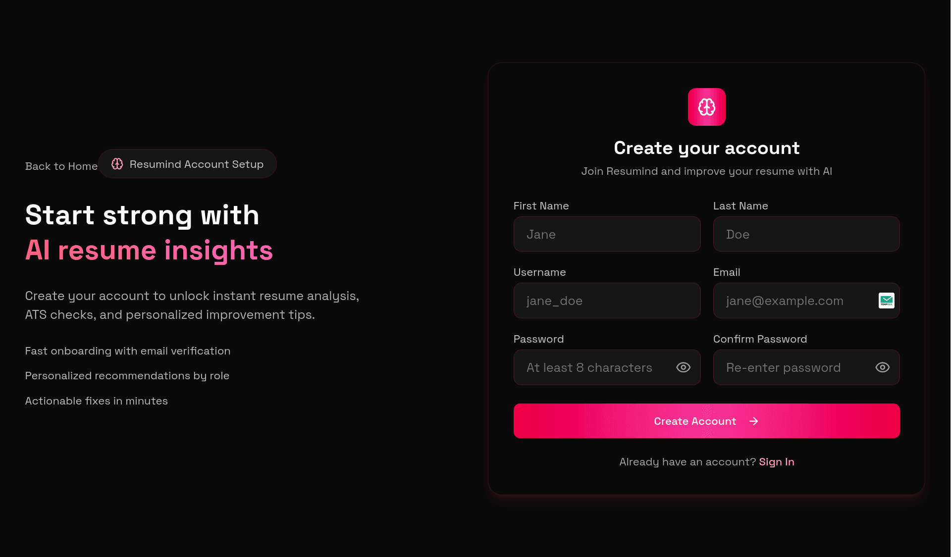 Resumind sign up page