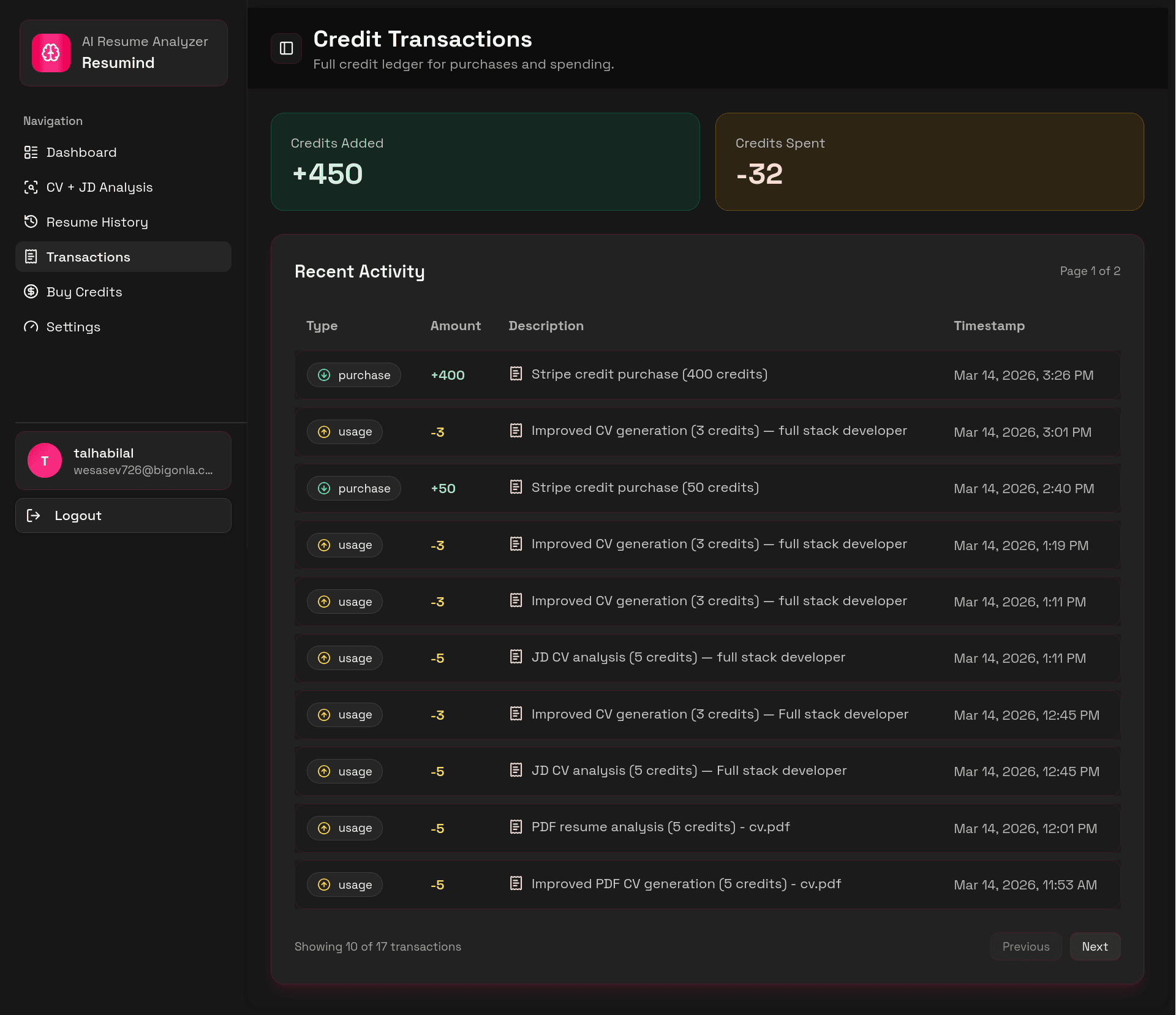 Resumind transaction history