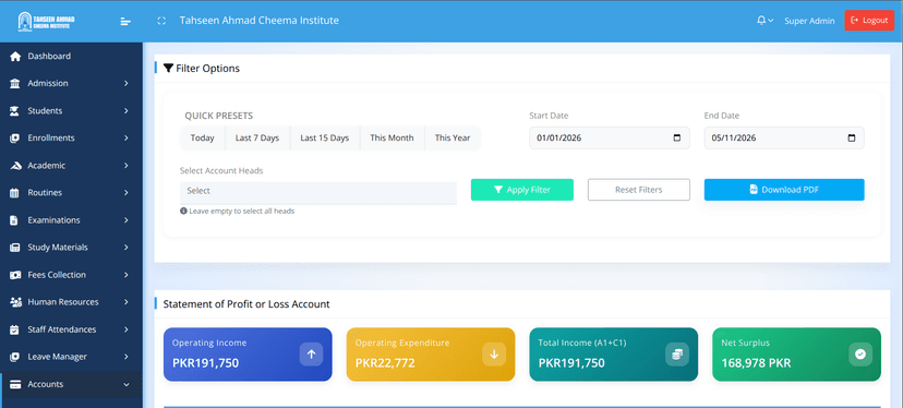 Screenshot of Institution Management System — TACI