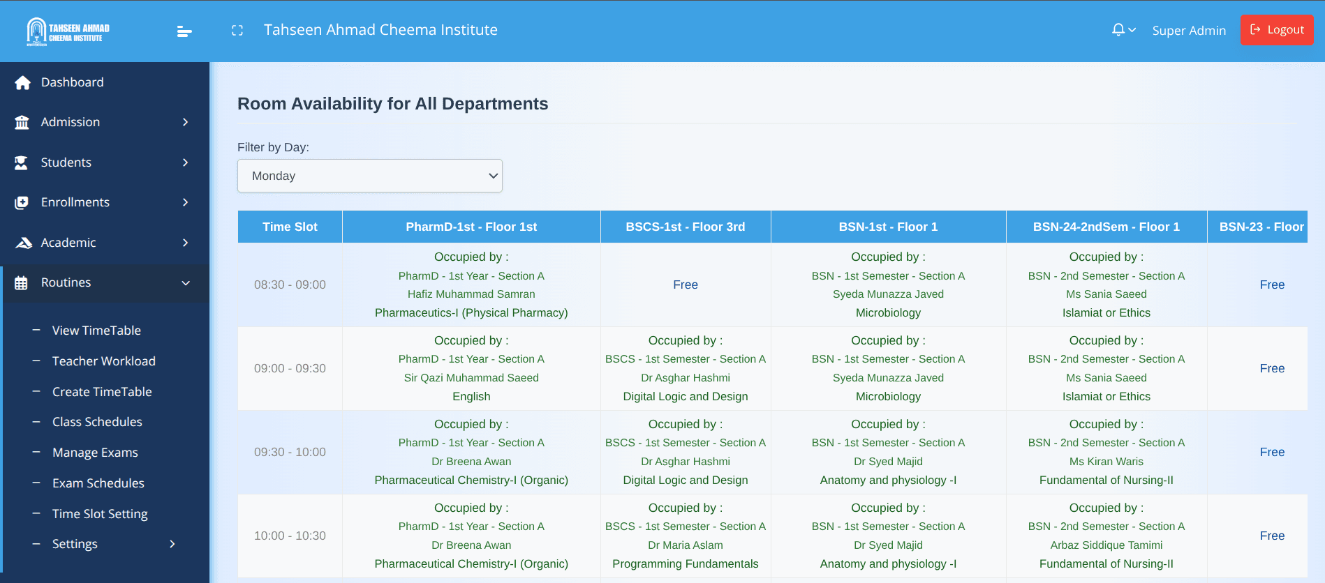 TACI timetable view