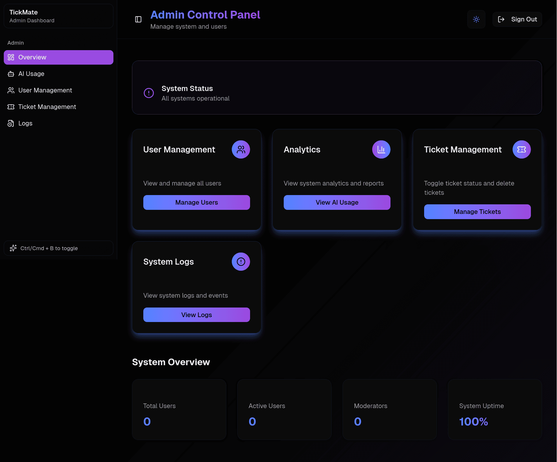 TickMate admin dashboard in dark mode
