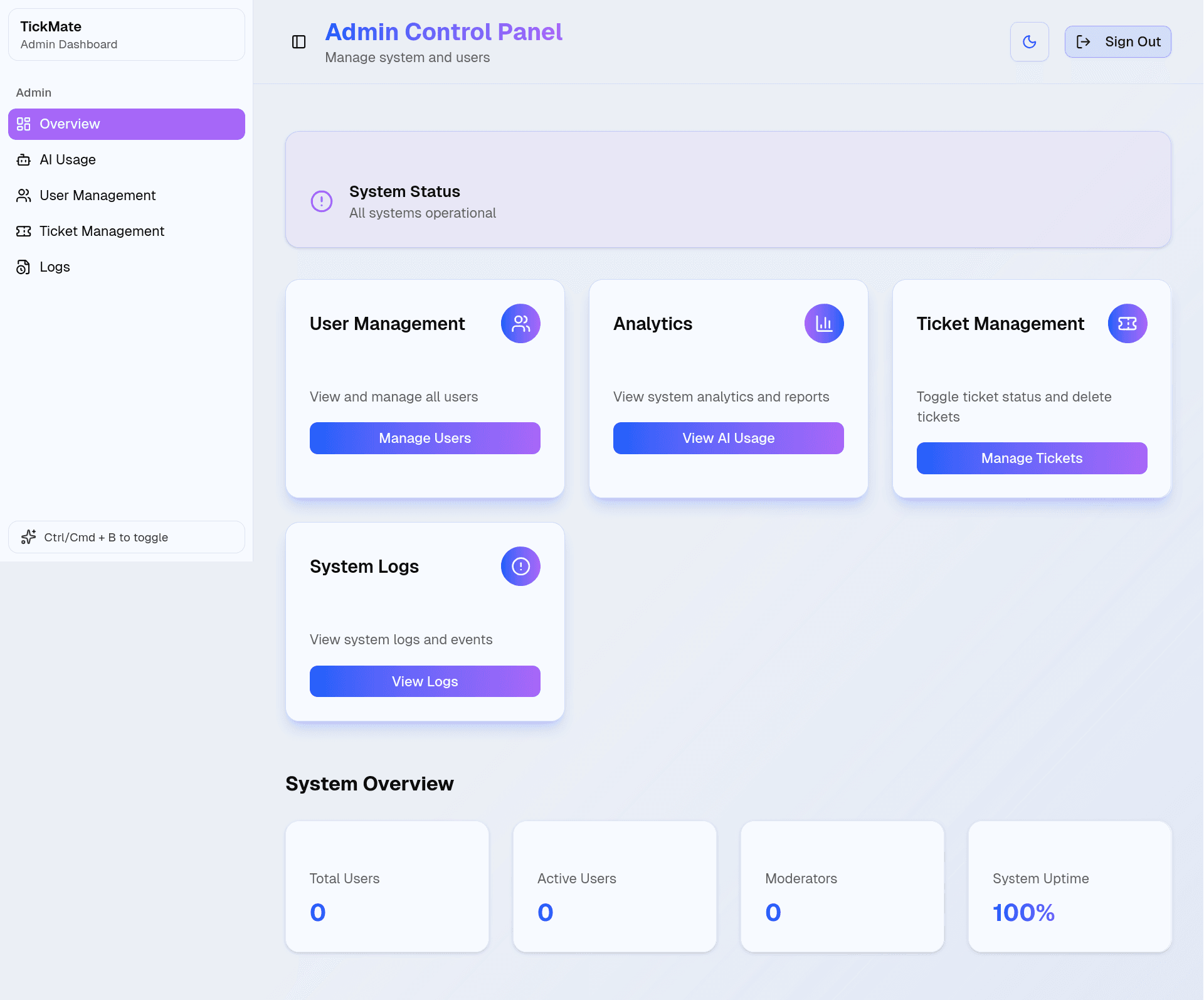 TickMate admin dashboard in light mode