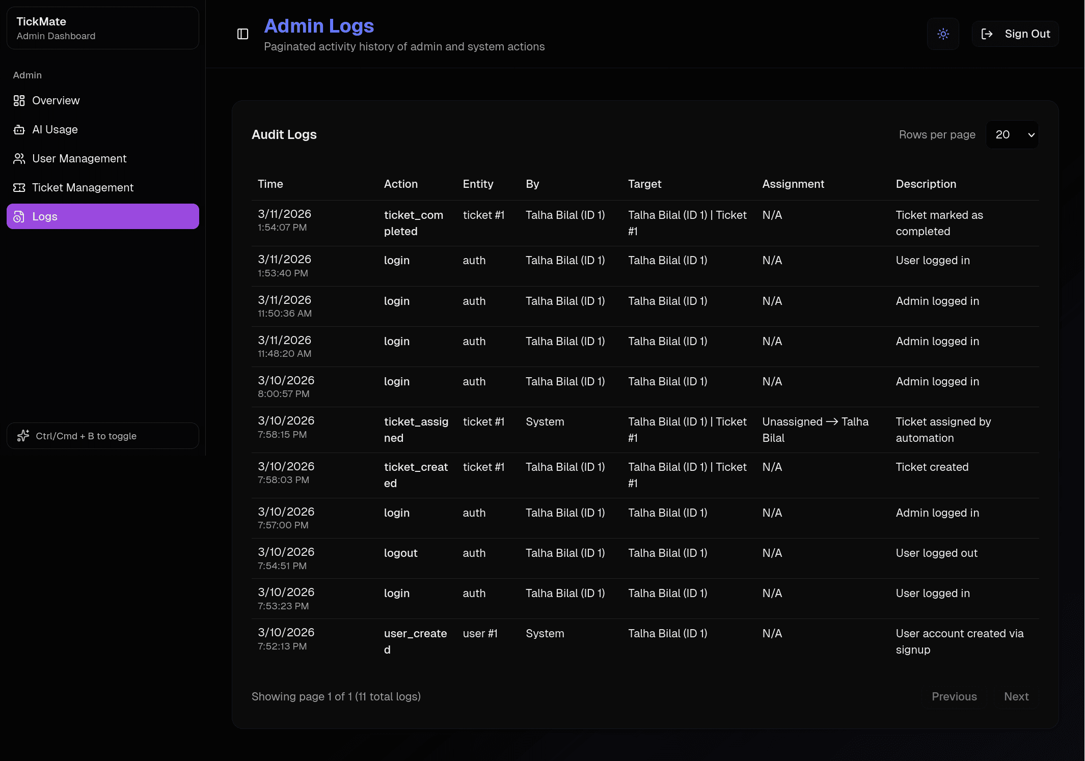 TickMate audit logs