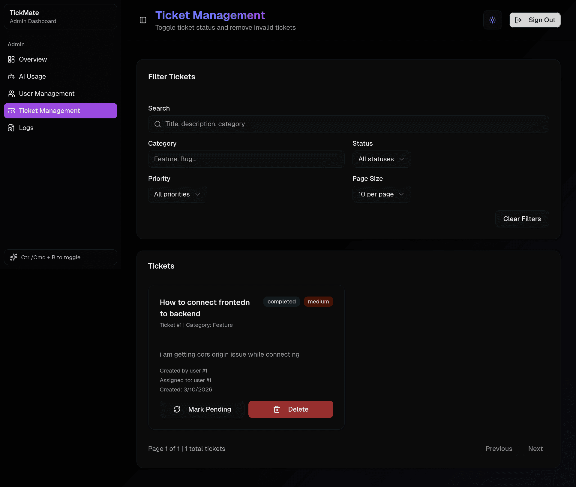 TickMate ticket management view