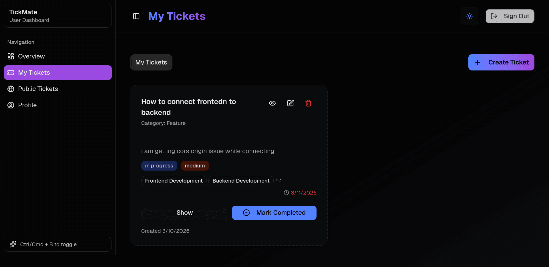 TickMate user ticket view