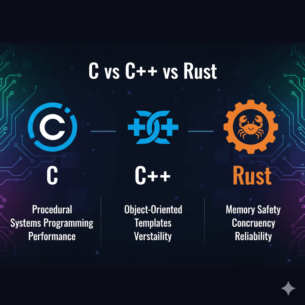 Cover image for C vs C++ vs Rust: The Ultimate Programming Language Showdown